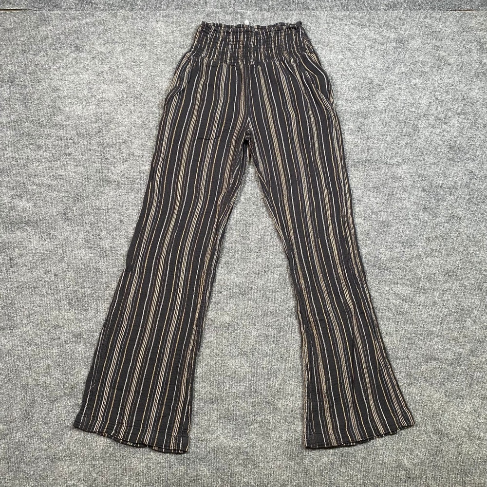Billabong Womens Striped Smocked High Waist Flare Pants Black Tan Large